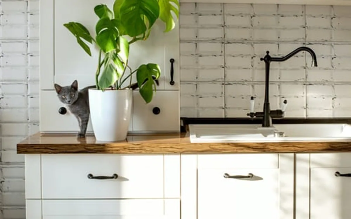 Completed kitchen remodel with white cabinetry, wood counter and tile backsplash